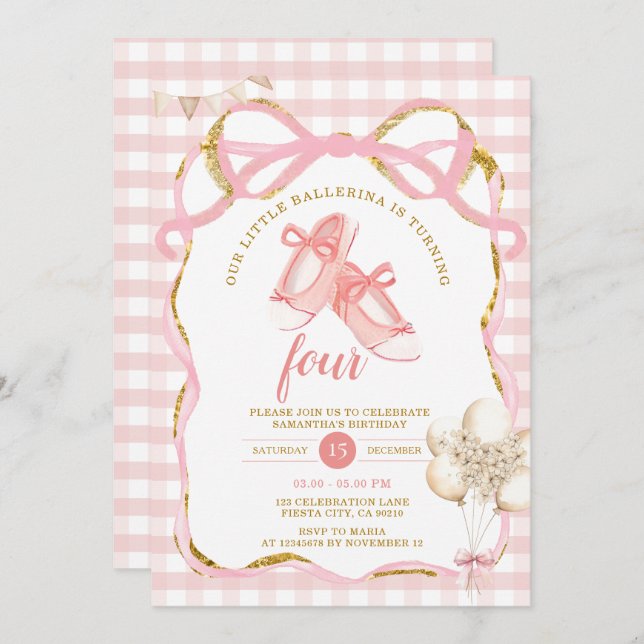 Pink Tutu Ballerina Gingham Birthday Invitation (Front/Back)