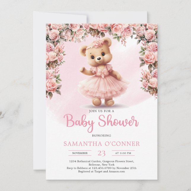Pink tutu ballerina girl teddy bear blush roses invitation (Front)