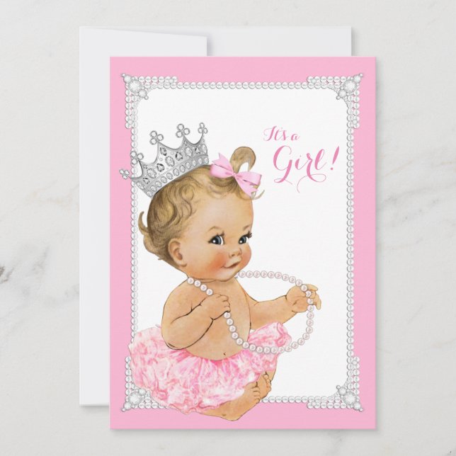 Pink Tutu Ballerina Pink Pearl Baby Girl Shower Invitation (Front)