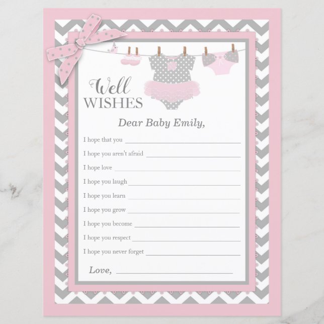 Pink Tutu Chevron Print Baby Shower Well Wishes (Front)