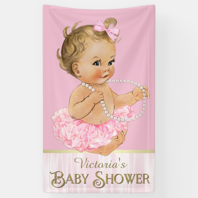Pink Tutu Pearl Girl Baby Shower Banner (Vertical)
