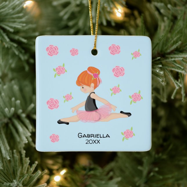 Pink Tutu Red Haired Ballerina Christmas Ceramic Ornament (Tree)