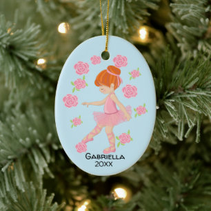 Pink Tutu Red Haired Ballerina Christmas Ceramic Tree Decoration