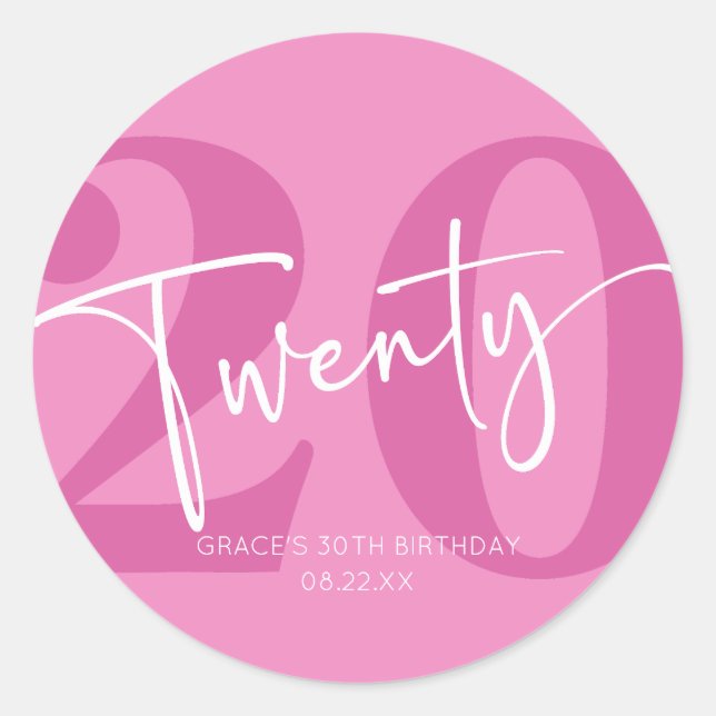 Pink Twenty 20th Twentieth Birthday Party Favour Classic Round Sticker (Front)