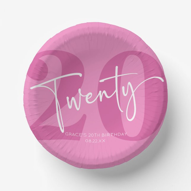 Pink Twenty 20th Twentieth Birthday Party Paper Plate (Front)