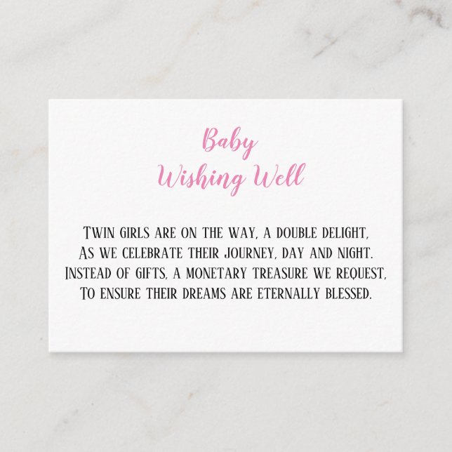 Pink Twin Baby Girls Wishing Well Baby Shower  Enclosure Card (Front)