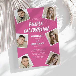 Pink Twin Birthday Photo Collage Invite