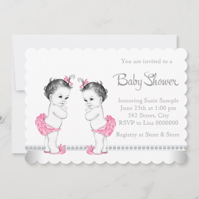 Pink Twin Girl Baby Shower Invitation (Front)