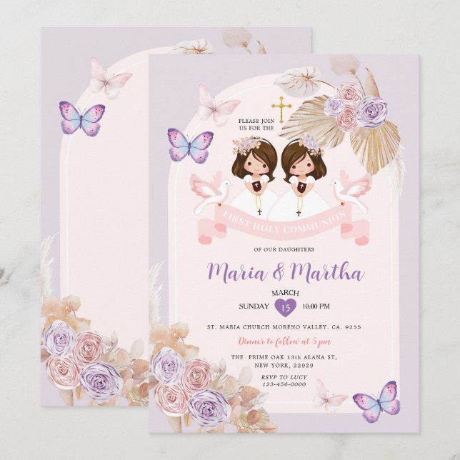 Pink TWIN Girl First Holy Communion Purple Floral Invitation (Front/Back)