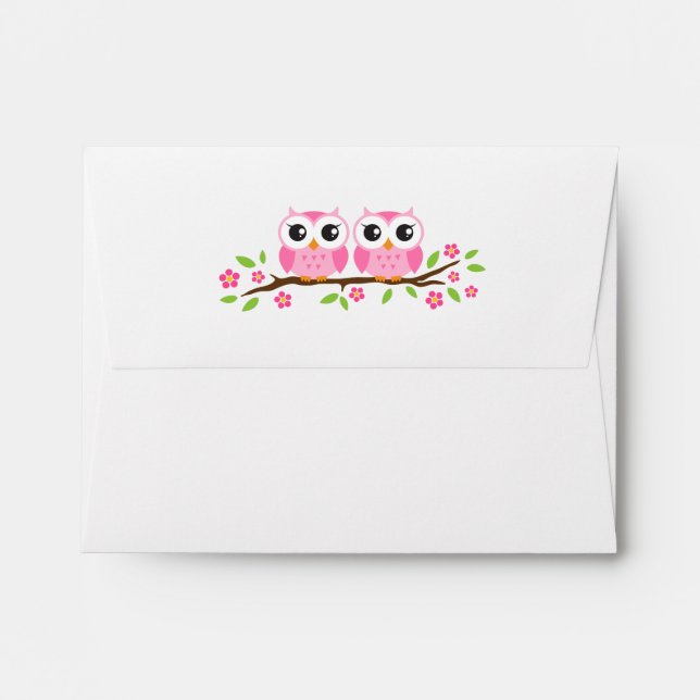 Pink twin girl owls on floral branch envelope (Back (Top Flap))