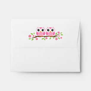 Pink twin girl owls on floral branch envelope