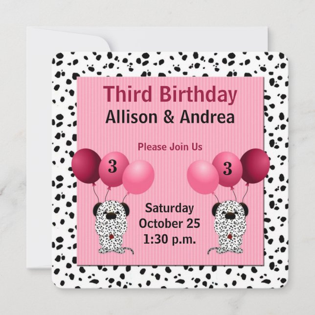 Pink Twin Girls 3rd Birthday Party Dalmatian Invitation (Front)
