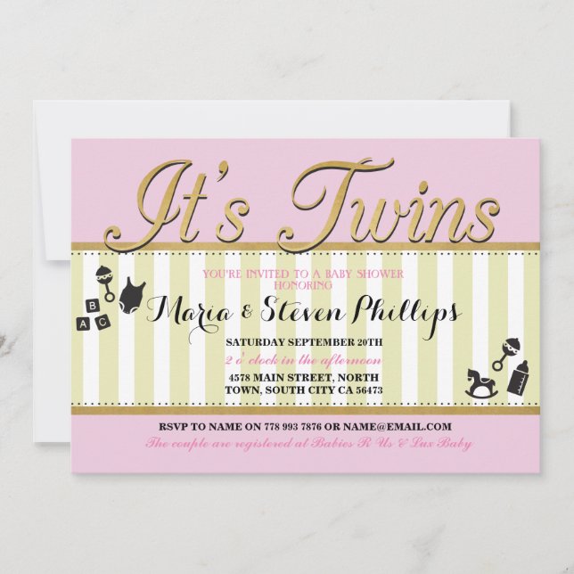 Pink Twin Girls Gold Baby Shower Stripe Invite (Front)