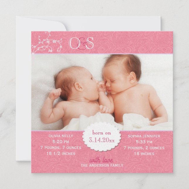 Pink Twin Girls Photo Birth Announcement (Front)