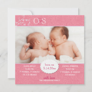 Pink Twin Girls Photo Birth Announcement