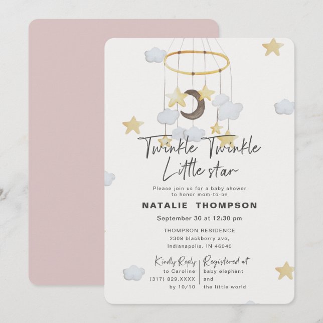 Pink Twinkle Little Star Baby Shower Invitation (Front/Back)