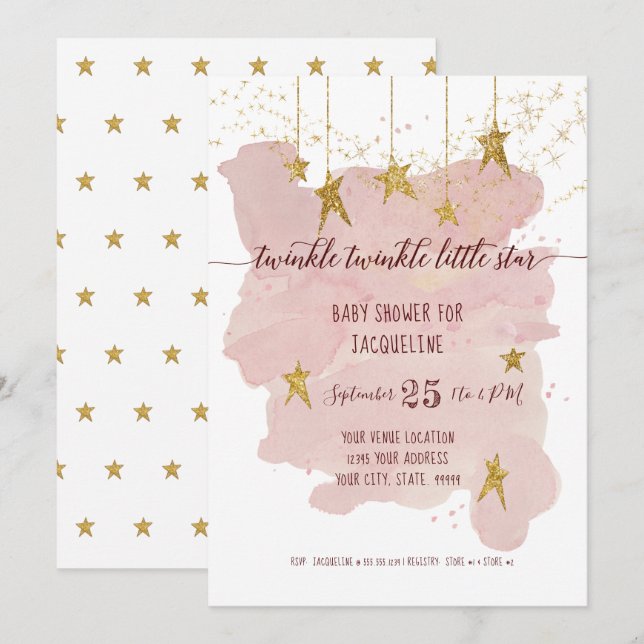 Pink Twinkle Little Star Gold Girl Baby Shower Invitation (Front/Back)