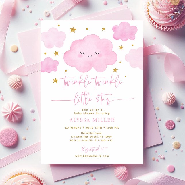 Pink Twinkle Star Cloud Baby Shower Invitation (Creator Uploaded)