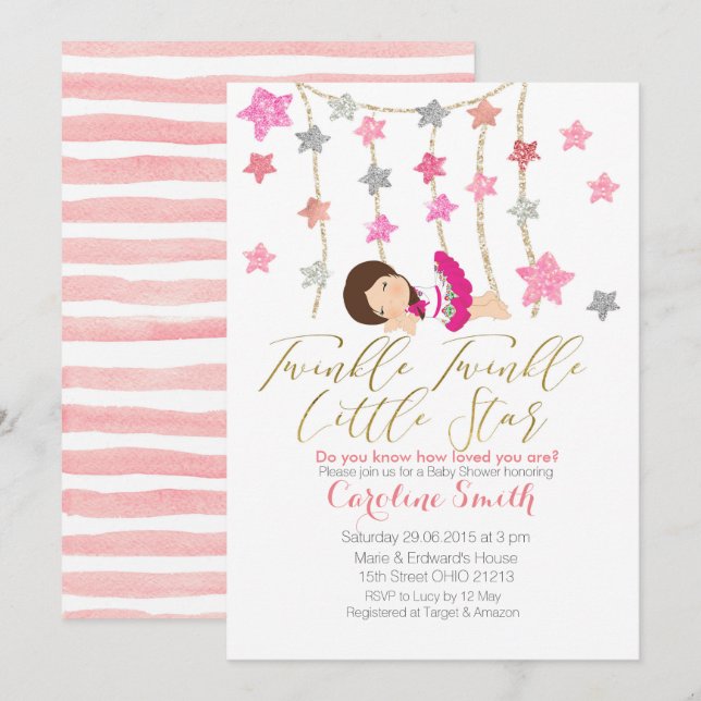 Pink Twinkle Stars Girl Baby Shower invitation (Front/Back)