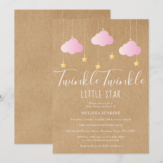 Pink Twinkle Twinkle Baby Shower Rustic Kraft Invitation (Front/Back)