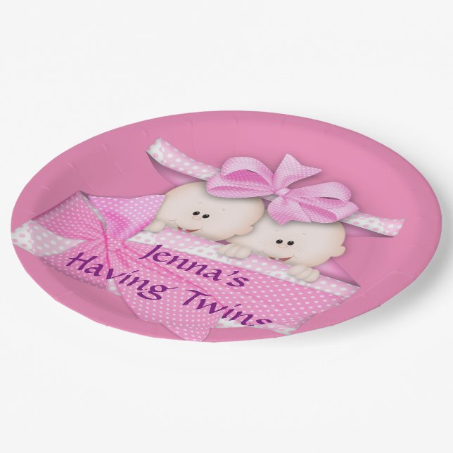 Pink Twins Baby Shower Party Paper Plates (Angled)