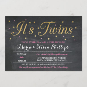 Pink Twins Girl Chalk Gold Baby Shower Invite