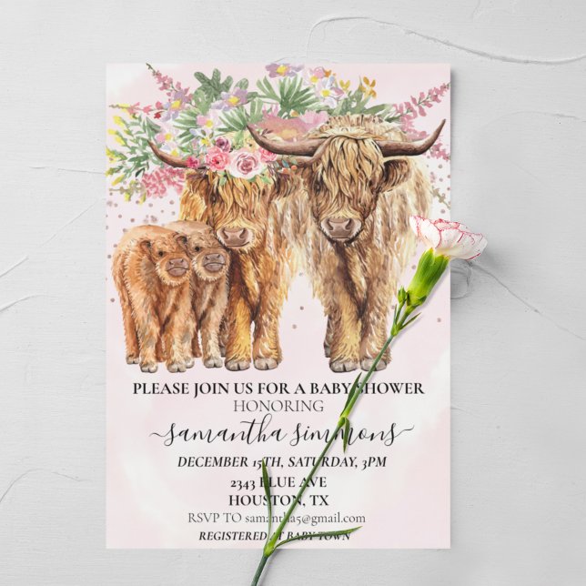 Pink Twins Mum Dad Highland Cow Calf Baby Shower   Invitation (Creator Uploaded)
