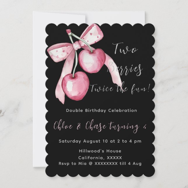 Pink Two berries twins Custom Birthday Invite (Front)