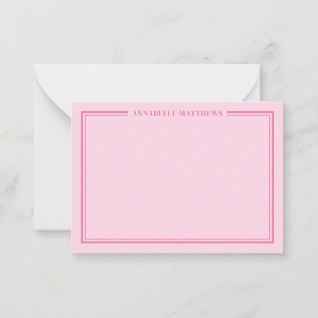 Pink Two Border Minimalist Name Monogram Card (Front)