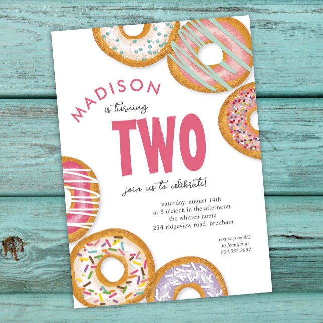 Pink Two Doughnut Second Birthday Party Invitation (Creator Uploaded)