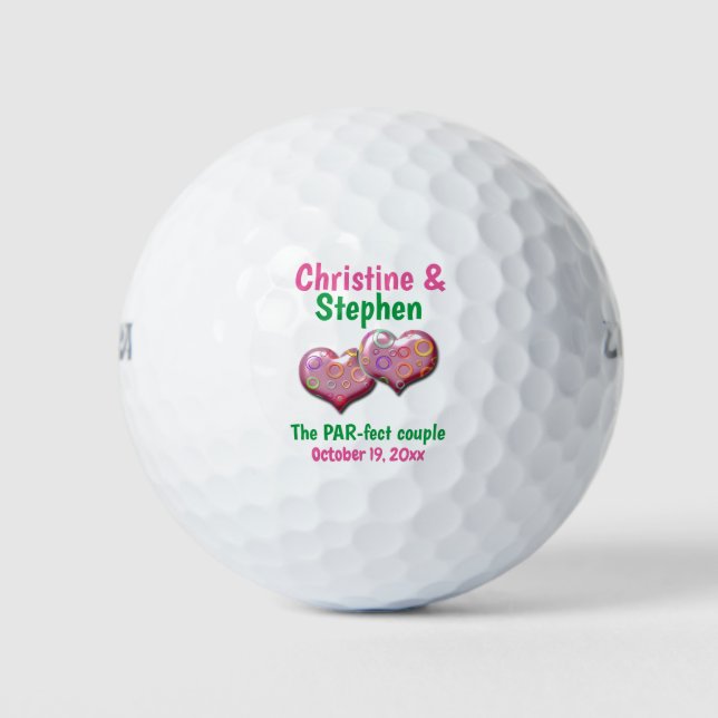 Pink Two Hearts Joined Wedding Favour Golf Balls (Front)