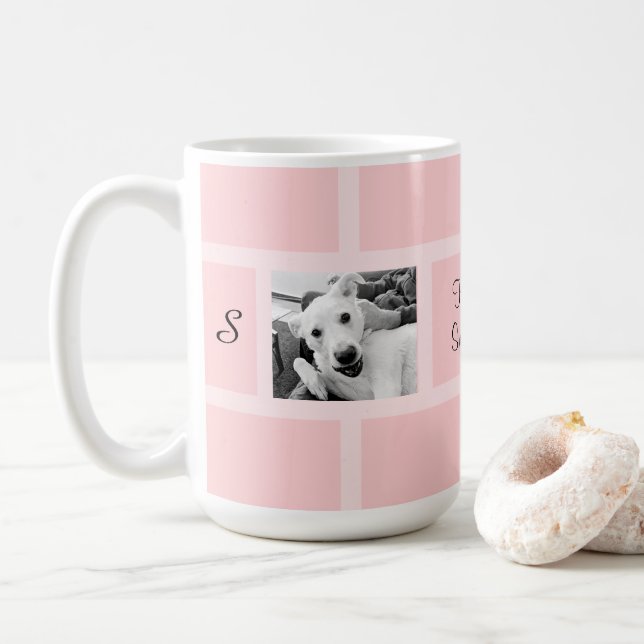 Pink Two Photo Modern Square Design Funny Dog Coffee Mug (With Donut)