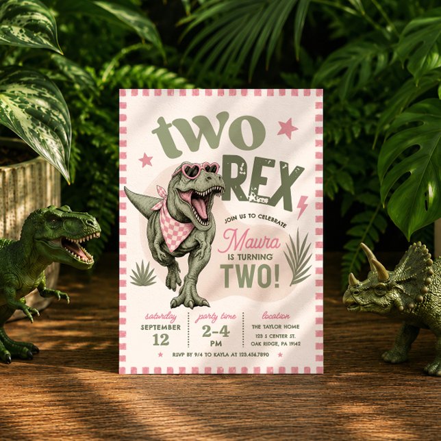 Pink Two Rex 2nd Birthday Invitation (Creator Uploaded)
