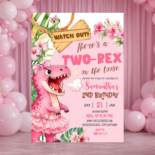 Pink Two Rex On The Loose Third Birthday Invitation