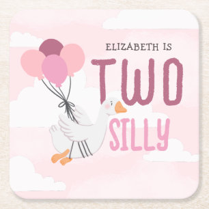 Pink Two Silly Goose 2nd Birthday Party Square Paper Coaster