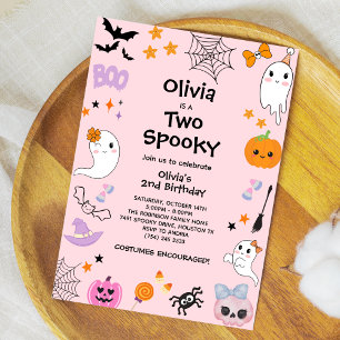 Pink Two Spooky Cute Ghost Halloween 2nd Birthday  Invitation