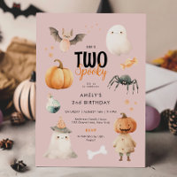 Pink Two Spooky Girl Halloween Birthday Invitation