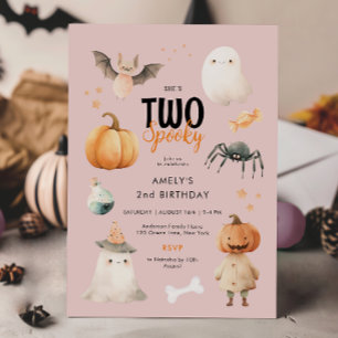 Pink Two Spooky Girl Halloween Birthday Invitation