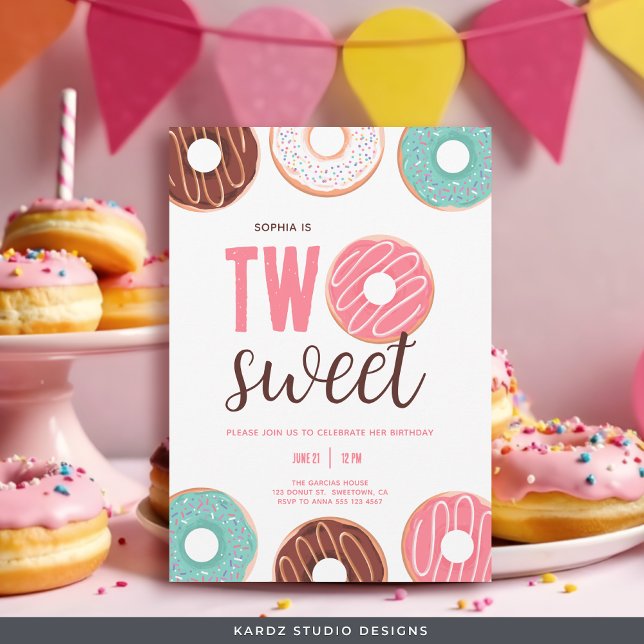Pink Two Sweet Birthday Invitations (Invite shown in 5 x 7 in. with square corners, personalize and choose style and paper before buying.)