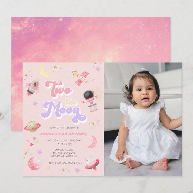 Pink Two the Moon Space Birthday Invitation (Front/Back)