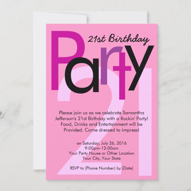 Pink Type 21st Birthday Party Invitation (Front)
