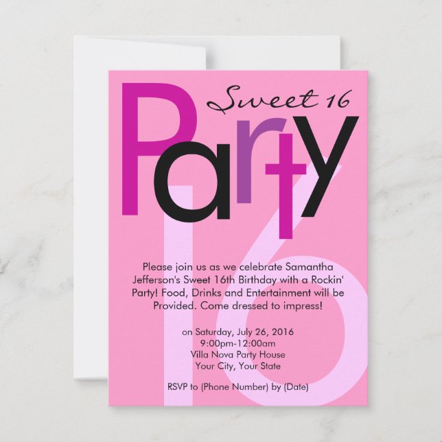 Pink Type Sweet 16 Birthday Party Invitation (Front)