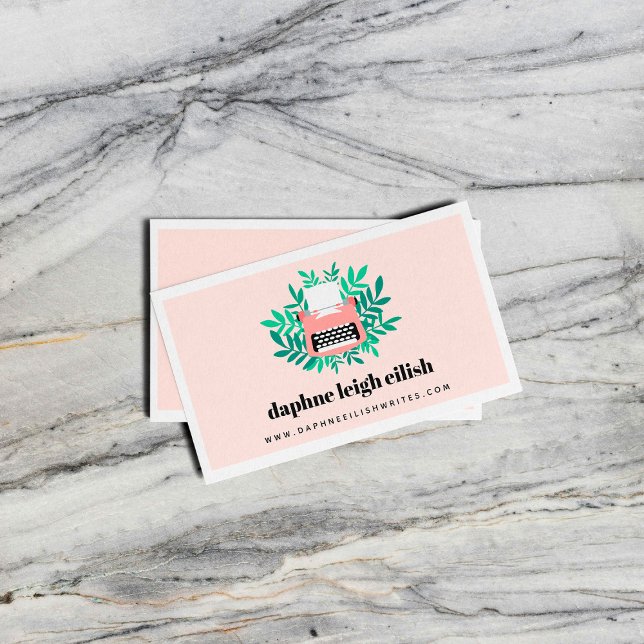 Pink Typewriter Greenery Author Writer Business Card (Creator Uploaded)