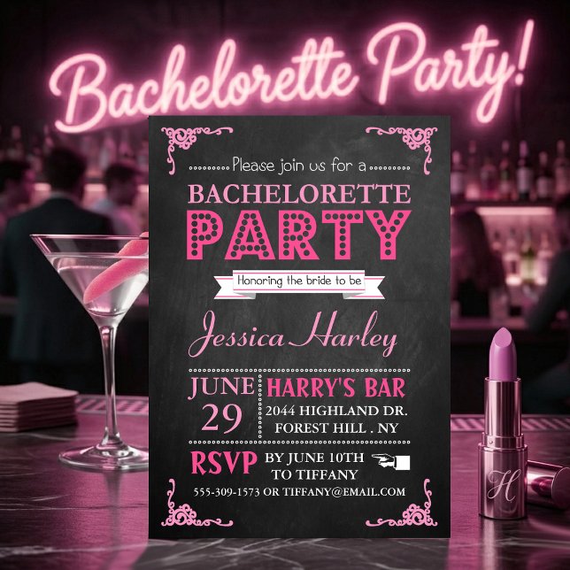 Pink Typography Chalkboard Bachelorette Party Invitation (Creator Uploaded)