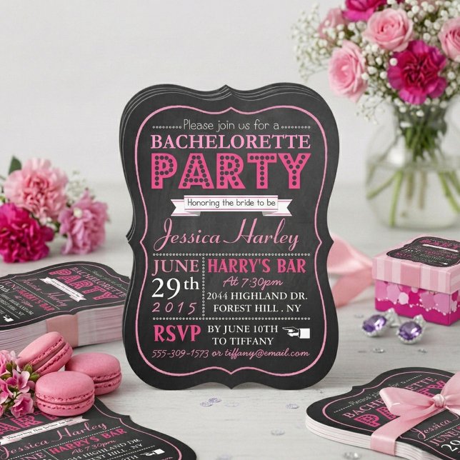 Pink Typography Chalkboard Bachelorette Party Invitation (Creator Uploaded)