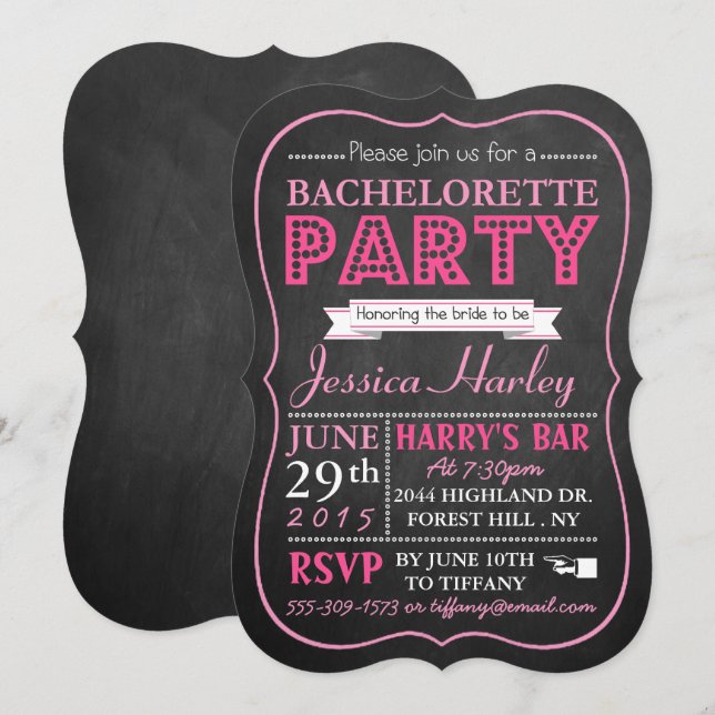 Pink Typography Chalkboard Bachelorette Party Invitation (Front/Back)
