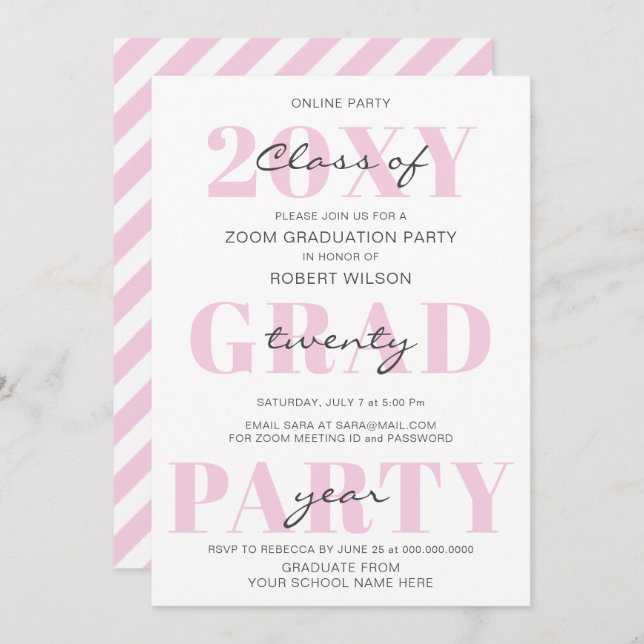 Pink Typography Modern Online Graduation Party Invitation (Front/Back)