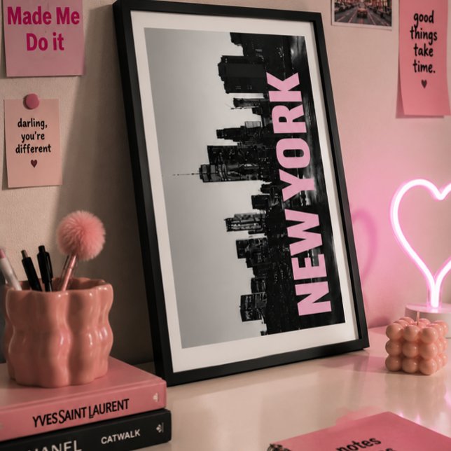 Pink Typography NYC Wall Art Minimalist Cityscape  (New York City Skyline Framed Poster | Pink Typography NYC Wall Art | Modern Minimalist Cityscape )