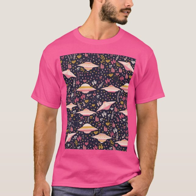 Pink Ufo Pattern With Stars And Crystals T-Shirt (Front)