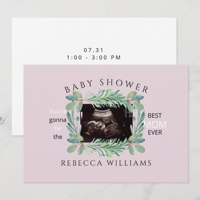 Pink Ultrasound Photo Best Mum Ever Foliage  Invitation (Front/Back)
